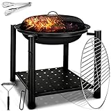 tillvex Feuerschale mit Funkenschutz & Grillrost | Feuerstelle Outdoor für den Garten | 3 in 1 BBQ Grill mit Abdeckung, Schürhaken, Zange &