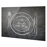 GRAZDesign Küchenrückwand Glas, Spritzschutz Küche Glas Spruch Küche mit Herz, Wandpaneele Küche Besteck / 100x50