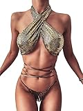 xperry Damen Rave Sparkle Mentalic Schlangenhaut Print Bikini Set Kette Badeanzug Badeanzüge Festivals, Goldener Stil 1, Larg