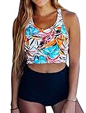 Jolefille Damen-Badeanzug mit hoher Taille, Retro-Badanzug für den Bauch, zweiteiliges Bikini-Set - - X-Larg