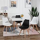 IPOTIUS 4er Set Skandinavisch Esszimmerstühle Küchen Stühl Schalenstühl, Massivholz Buche Bein mit Design Gepolsterter, Weiß+Schw