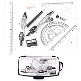 CYWVYNYT Geometrie Set, 10 Stück Mathematik Set mit Bruchsicheren Aufbewahrungsbox, inkl Zirkel, Winkelmesser, Geodreieck, Bleimine Minen, Bleistift, Radiergummi & Spitzer für Schule Mathematik