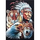 MXJSUA DIY 5D Diamantmalerei Full Round Drill Kits Strass Bild Craft Home Wanddekoration 30x40cm Indianer Adler Tiger W