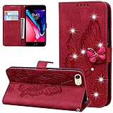 Tiahf Hülle für iPhone SE 2020 / iPhone 7/iPhone 8/iPhone 6/iPhone 6S Handyhülle Case Leder Handytasche Schmetterling Glitzer Strass Diamant Klappbar Schutzhülle mit Kartenfach Flip Klapphülle,R