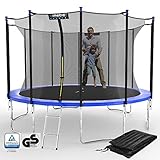 Kinetic Sports Outdoor Gartentrampolin Ø 360 cm, TPLS12, inklusive Sprungtuch aus USA PP-Mesh +Sicherheitsnetz +Rand- u. Regen-Abdeckung +Leiter, bis 160kg, GS-geprüft, UV-beständig, BLAU