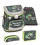 Belmil ergonomischer Schulranzen Set 4 -teilig für Jungen 1, 2 Klasse Grundschule/Super Leicht 750-800 g/Brustgurt/Dino, Dinosaurier/Grün, Schwarz (405-33 Dino Attack)