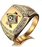 WWWXD Edelstahl simulierte Diamant vergoldet Freimaurer Ring for Männer, Kubikzirconia Freimaurer Symbol Zeichen Ringe, Mode Hip Hop Punk Rock Schmuck Geschenk (Size : 12)