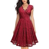 FEOYA Cocktailkleid Rot Damen Knielang Brautkleid Vintage Spitz Brautjungfernkleider Kurz Elegant für Hochzeit Festliches Kleid Ärmellos Midi 38-40