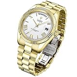 CADISEN Mechanical Watch Herrenmode Automatikuhr Business Sapphire Waterproof Herrenuhren Edelstahl Casual Herren Golduhren mit Tag und Kalender (c8185-oro Bianco)