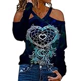 WENZHOU Tunika Damen Sexy Schulterfreie Langarmshirts V-Ausschnitt Vintage Blumendruck Oberteile Aushöhlen Pullover Mode Hemd Bluse Langarm Shirt Tops Lose Elegant Langarm T