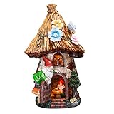 TERESA'S COLLECTIONS großer Feenhaus 31cm Gelb Haus mit Zwerg Wasserdicht Solar Gartenfigur für außen Elfenhaus LED Solarleuchte Garten Deko Solar Gartenbeleuchtung aus H
