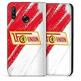 Klapphülle kompatibel mit Huawei P30 Lite Premium Flip Case Handyhülle aus Leder weiß Bundesliga 1. FC Union Berlin Log