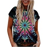 Damen Tops Casual 3D Blumendruck T-Shirt Basic Pullover Sommer O-Ausschnitt Kurzarm Loose Tunika Bluse(L,Schwarz)