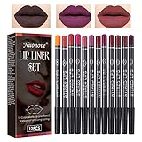 Matte Lipliner, Lippenkonturenstift Set, Lipliner Wasserfest, 12 Farben Matte Lip Liner Pencil, wasserdicht und langlebig, mit Deckel Langhaltender Lippenstift Matt Lip