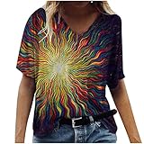 Tshirt Damen Kurzarm Locker Oberteile Sommer Bluse Tops Oversize Vintage Pullover Sweatshirt Tie-dye Neuheit Druck Tunika Jumper Sexy V-Ausschnitt Blusen Blusenshirt Elegant S