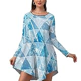 Blaue Dreiecke mit Grunge-Stein-Effekt Damenkleider Langarm Mode Casual Lose Swing Rundhals Kleid, Weiß, XXL