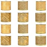 Belle Vous Gold Geschenkband für Weihnachten (12 Stück) - 2,7m x 63mm Goldenes Breites Organza Band in Verschiedenen Designs - Dekoratives Weihnachtsbaum Band für Partys und als Geschenkband G