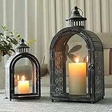 JHY DESIGN 2er Set Laternen Hängen Windlicht Metall Outdoor Laterne Deko Grablaterne Kerzelaternen für Balkon Garten Kerzen Innen Draußen Wohnzimmer Party Hochzeiten Indoor(Schwarz mit Grauem Pinsel)