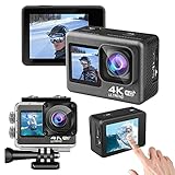 HDGFYTOR Action Cam 4K 20MP/60FPS Doppelbildschirm, EIS 170° Weitwinkel 4X Zoom PC Webcam Sportkamera WiFi Unterwasser 40M wasserdichte Kamera mit 1050mAh Batterien und Montagesets(Size:and 64G Card)