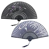 DKINY Faltfächer Stoff Fächer Handfächer Orchideen auf Schwarz und Sakura-Schmetterlingsmuster auf Blau, Wandfächer Vintage zur Anlüftung im Sommer, als Geschenk oder Dekoration für Hochzeit Party