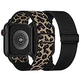 Elastisch Armband Kompatibel mit Apple Watch Armband 41mm 40mm 38mm, Dehnbar Verstellbar Solo Loop Nylon Stoff Armband für Apple Watch SE/ Series 7 6 5 4 3 2 1, Schwarz/Leop