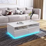 UNDRANDED Moderner Hochglanz Couchtisch 4 Schubladen mit Offener Fall Sofatisch für Wohnzimmermöbel 85 x 55 x 35 cm (Weiß mit LED Streifen)