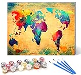 DIY Malen nach Zahlen Kinder für Erwachsene Anfänger Leinen Leinwand Acryl Anzahl Malerei Geschenke Landschaftsfarbe Öl-Weltkarte  Wandkunst Home Decoration 40x50cm R