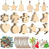 MUOIVG Weihnachtsdeko Holz Weihnachten 100 Stücke Weihnachtsanhänger Tannenschmuck DIY Weihnachtsdekoration Holz Scrapbooking Holz Scheiben Weihnachtsbaum mit Glöckchen und Juteseil zum selbst b