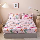 Damier Spannbettlaken 90x200cm Schmetterlinge Muster Boxspring Spannbetttuch mit Gummizug Kinder Mädchen Kids Bettlaken bis 30 cm hohe M