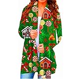 acction Damen Weihnachtsmantel Strickjacke Offene Front Bluse Lustige süße Weihnachtsmann Elch Schneemann Weihnachtsbaum Grafik Top