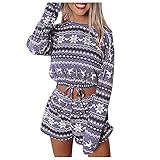 Lazzboy Schlafanzug Damen Hausanzug Weihnachten Winter Home Snowflake Printed Christmas Crop Top + Jogginghose Streatwear Bekleidungsset Freizeitanzug 2 Teilig ( Grau,M )