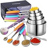 HAUSPROFI Edelstahl Messbecher und Löffel mit Meßlineal, 5 Measuring Cups 5 Messlöffel 1 Messlineal (Richtmaschine) 1 scop mit Clip, mit Silikon Griff für Küche Kochen Backen, 12er-S