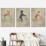 GYJDD Bilder Wohnzimmer posterHund Auf Fahrrad Wand Gemälde Deco Poster Kunstdruck Cartoon Lustiger Hund Bild Home Leinwand Bild Retro Poster und Kunstdrucke40x50cm x3 R