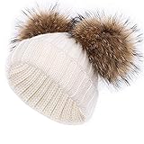 feifanshop Damen Wintermützen Strickmütze Echtfell Waschbär Fell Pelz Bommel Mütze Bommelmütze Beanie Warme Cap Weiß