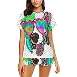 Casual Pyjamas Set für Damen, Bunte Vektor Poster Hund auf T-Shirt Kurzarm Pyjama, gedruckt Damen Pyjama Sets Hoch Zweiteilige Pyjamas Kurzarm Shorts Pyjamas S