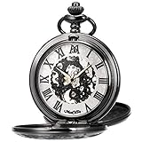 ManChDa Unisex Taschenuhr mit Kette Analog Handaufzug Antik Skelett Menchanisch Handaufzug Taschenuhr Schw