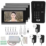 Video-Türsprechanlage Verkabelte Wifi-Türklingel, WLAN-Video-Türklingelkamera, 7-Zoll-Video-Türtelefon-Passwortkarte 3 Monitore für TUYA Wifi-APP Remote-IC-Zugriffskontrollsystem 100‑240VAC(EU Plug)