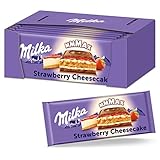 Milka Strawberry Cheesecake 12 x 300 g – Schokoladentafel aus Alpenmilch mit Erdbeer-Käsekuchen-Füllung und Kek