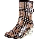 zpllsbratos Keilabsatz Regenstiefel Damen Gummistiefel Gartenschuhe Wasserdicht Wellington Boots(Plaid,37)