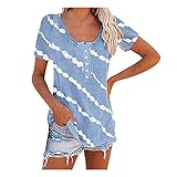 MRULIC Damen Oberteile Kurzarm Rundhals Drucken T-Shirt Tops Blusen Frauen Casual Lose Tuniken T-Shirt Sommerbluse Sommertop Basic Top(Hellblau,5XL)