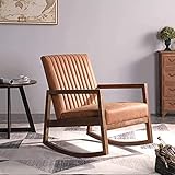Wahson PU Leder Schaukelstuhl Retro Sessel Gepolsterter Akzentstuhl mit Massivholzbeinen, Freizeit Relaxstuhl für Wohnzimmer/Schlafzimmer/Balkon (Braun)