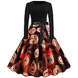 MOKBAY Damen Halloween Pullover Kleid Vintage O-Ausschnitt Langarm Halloween Bedruckt Abend Party Abendkleid Lange Kleider Damen Kleid Sexy Leinenkleid Elegant Party Kleid Damen Lang