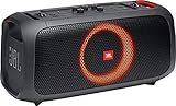 JBL PartyBox On-The-Go in Schwarz – Tragbarer Bluetooth Party-Lautsprecher mit Lichteffekten und kabellosem Mikrofon – Spritzwassergeschützt – Leistungsstarker Akk