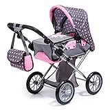 Bayer Design 13666AA Kombi Puppenwagen City Star, mit herausnehmbarer Tragetasche und Umhängetasche, höhenverstellbar, wandelbar als Jogger, für Puppen bis 46cm, grau, pink, gepunktet mit F