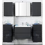 Badezimmer Set COMO-03, 6-teilig Hochglanz grau, 60cm Waschtisch Badmöbel, Waschtisch, Badezimmermöbel, LED Spiegelschrank, Waschplatz, Badezimmerschränk