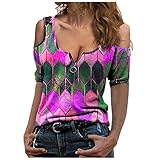 Fauean Bluse Damen Kurzarm Schulterfrei Oberteil V Ausschnitte T-Shirt Damen Blusen Elegante Reißverschluss Bluse Tunika Damen Off Shoulder Top Druck Kurzarm T-Shirt Sommerbluse Tops S