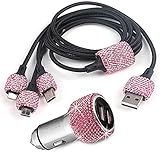 Bling Auto-Ladegerät-Zubehör-Set, Strass-Dual-USB-Auto-Ladegeräte mit Bling 3-in-1 Nylon geflochtenes Ladekabel, Bling Kristall Dekoration Auto Zubehör-Sets für Mädchen und Frauen (weiß)