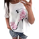 MRULIC Damen Weiß T-Shirt Top mit Rundhals Kurzarm Ladies Sommer Shirt Tee Print - Leicht und Luftig - Sehr Angenehm zu Tragen (M, Weiß)