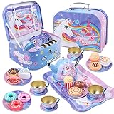 Tacobear Tee Set Kinder Teeservice mit Dessert Spielzeug Tragekoffer Tin Teekanne Set Einhorn Tee Party Rollenspiele Einhorn Geschenk für Kinder Mädchen 3 4 5 6 7 8 9 J