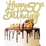 3 Stück Happy 50th Birthday Cake Topper, 50th Geburtstag Tortendeko Kuchendeko Torten Kuchen Cake Topper, Glitzer Gold Tortenstecker Girlande für Mann Frau 50 Geburtstag Party Dek